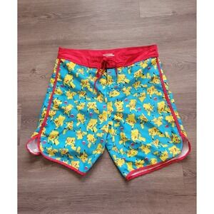 Pokémon Pikachu Swim Trunks Men Medium Blue All Over Print 7" Inseam Mesh Lined